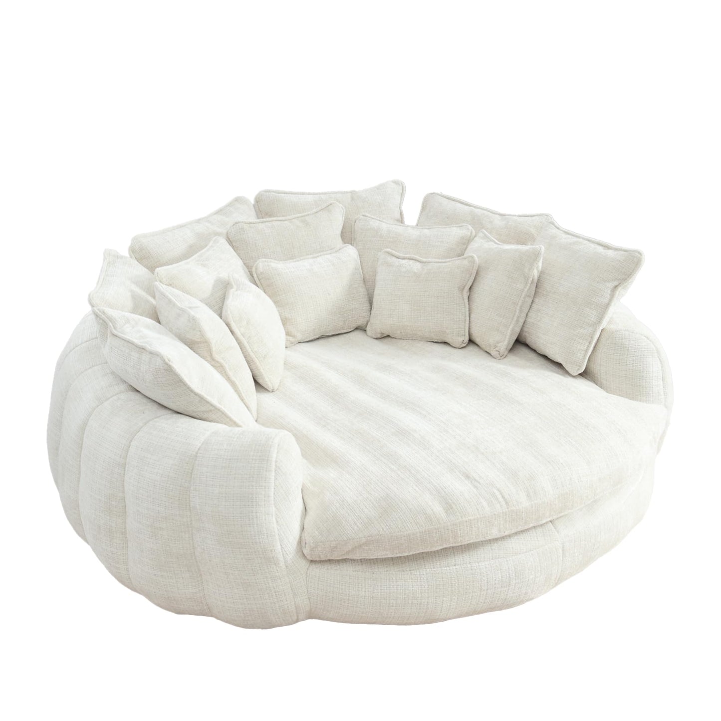 Wrofly 81.1" W Oversized Round Chaise Lounge, Fluffy Lazy Bean Bag Sofa with 14 Pillows, Comfy Chenille Upholstered Barrel Sleeper Bed, Modern Deep Seat Cloud Couch for Living Room, Beige