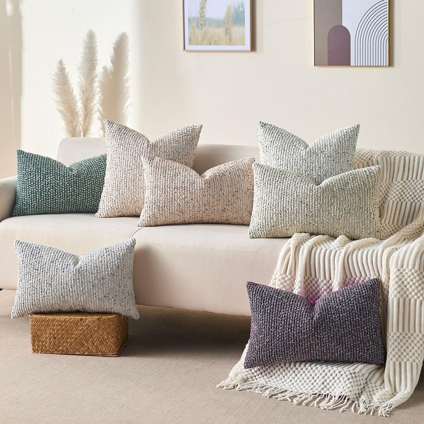 Cream & Grey Textured 12x20 Inch Lumbar Pillow Cover