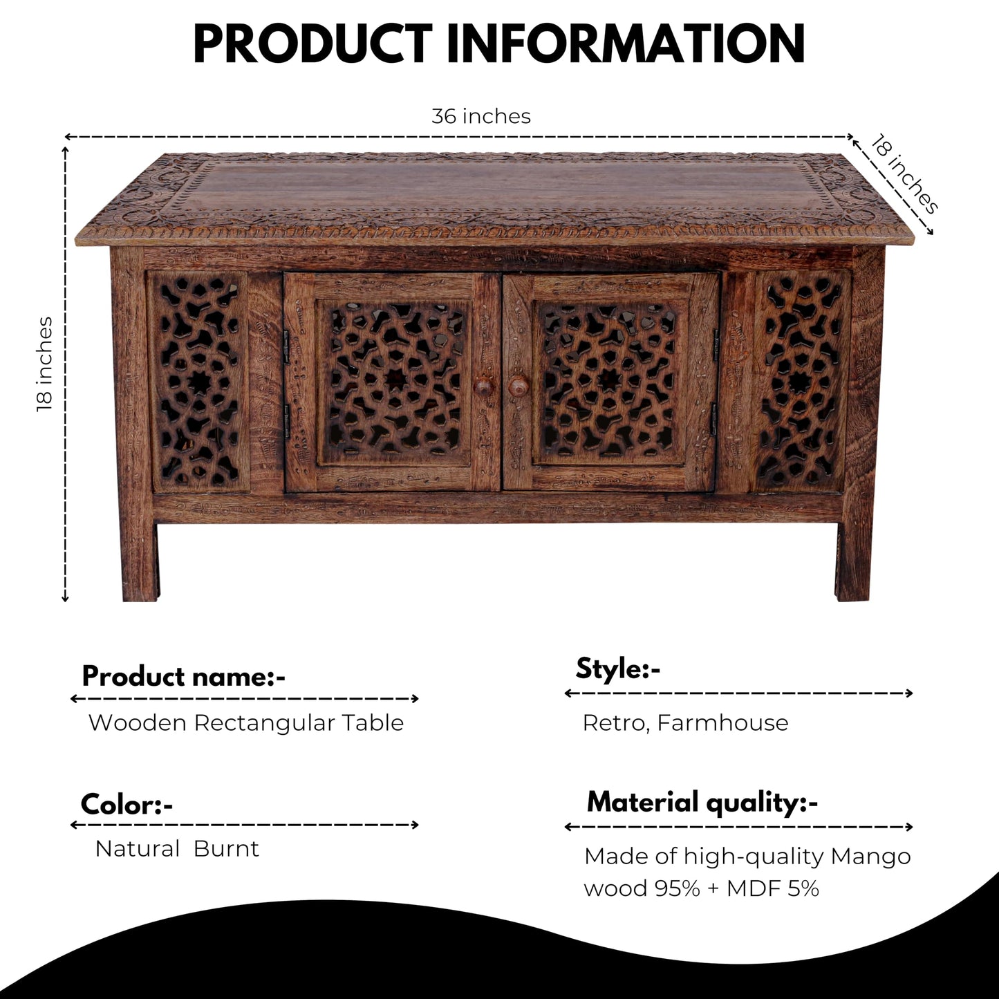 Hand-Carved Mango Wood Coffee Table with Storage