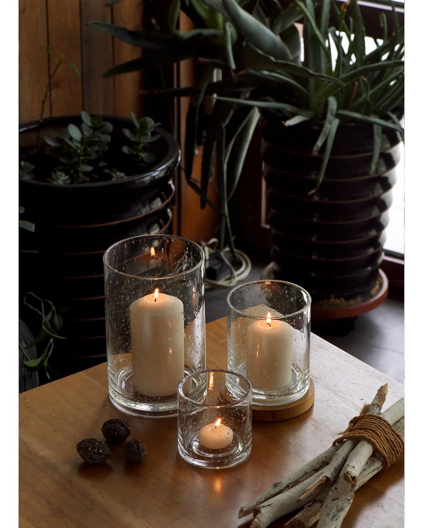 Seeded Glass Hurricane Candle Holder Set of 3 | Clear Glass