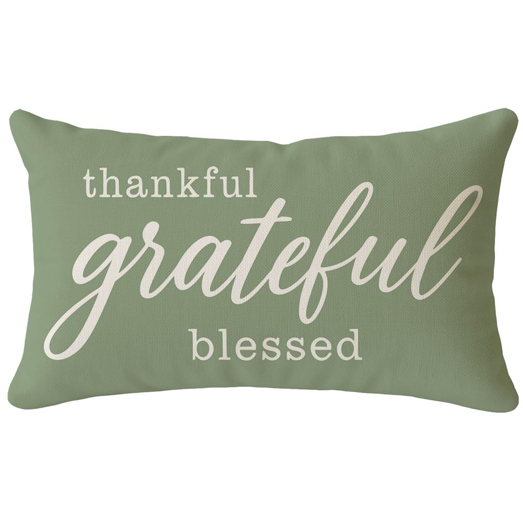 Thanksgiving Grateful Blessed 12x20 Inch Sage Green Lumbar Pillow Cover