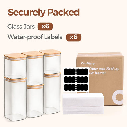 ComSaf Glass Pantry Storage Containers (0.7Qt/1.2Qt/1.6Qt) Set of 6, Glass Storage Containers with Lids, Kitchen Food Storage Jar, Square Glass Jars for Flour Cereal Sugar Tea Coffee Beans Snacks
