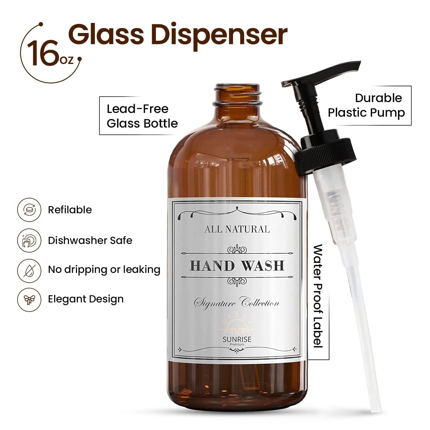 Amber Glass Soap Dispenser Set with Black Pump (2 Pack)