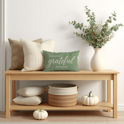 Thanksgiving Grateful Blessed 12x20 Inch Sage Green Lumbar Pillow Cover