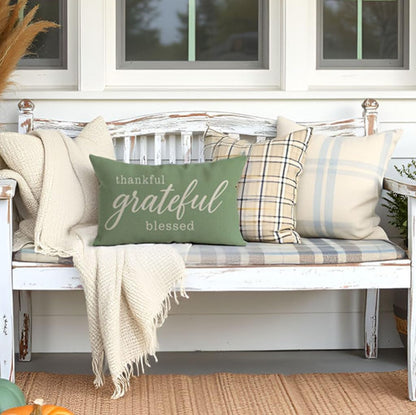 Thanksgiving Grateful Blessed 12x20 Inch Sage Green Lumbar Pillow Cover