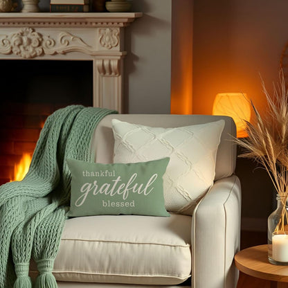 Thanksgiving Grateful Blessed 12x20 Inch Sage Green Lumbar Pillow Cover