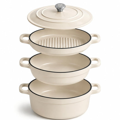 AHJ Enameled Cast Iron Dutch Oven Set - 4 Piece Stackable Nesting Cookware Set with Lids, 4.8Qt, 2.6Qt and 1.3Qt Dutch Ovens, Space-Saving Cast Iron Pots and Pans Sets for Sourdough Bread Baking, Slow Cooking, Braising, Roasting and Stews, Cream White