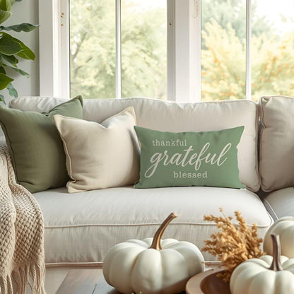 Thanksgiving Grateful Blessed 12x20 Inch Sage Green Lumbar Pillow Cover