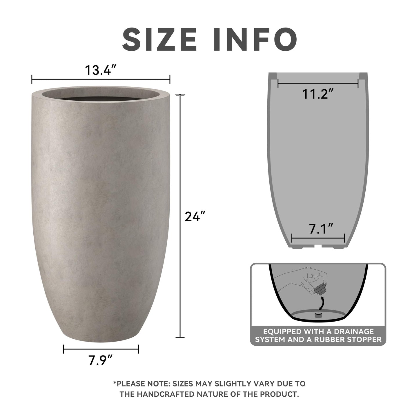 Kante Tall Concrete Planter, 24" Modern Floor Pot Weathered Stone Finish