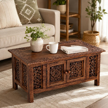 Hand-Carved Mango Wood Coffee Table with Storage