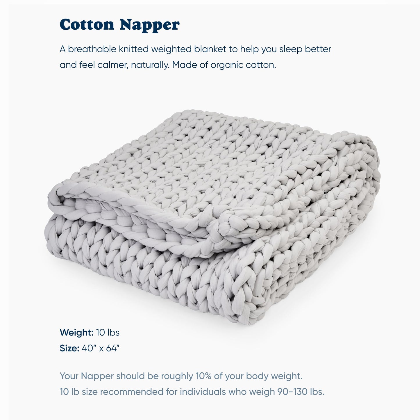 Bearaby Cotton Hand-Knit Weighted Blankets for Adults - Chunky Knit Blanket - Sustainable, Breathable, Organic, Cooling Weighted Blanket - Machine Washable (Moonstone Grey, 10 lbs, 40"x64")
