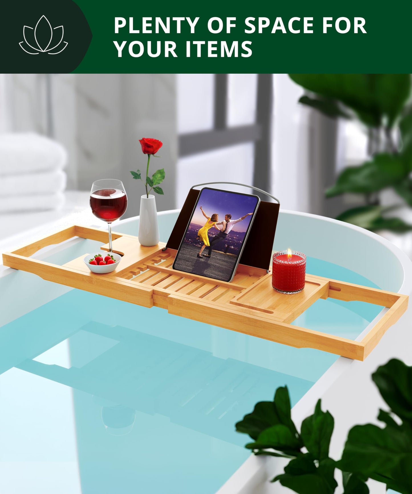 Luxury Bamboo Bathtub Caddy Tray – Expandable Spa Bath Tray with Book, Tablet & Wine Holder