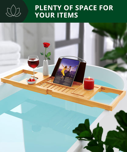 Luxury Bamboo Bathtub Caddy Tray – Expandable Spa Bath Tray with Book, Tablet & Wine Holder