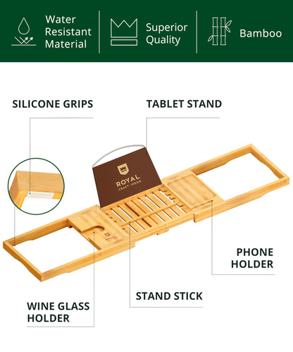 Luxury Bamboo Bathtub Caddy Tray – Expandable Spa Bath Tray with Book, Tablet & Wine Holder