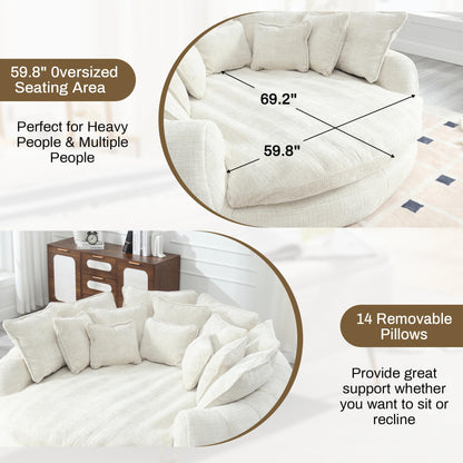 Wrofly 81.1" W Oversized Round Chaise Lounge, Fluffy Lazy Bean Bag Sofa with 14 Pillows, Comfy Chenille Upholstered Barrel Sleeper Bed, Modern Deep Seat Cloud Couch for Living Room, Beige