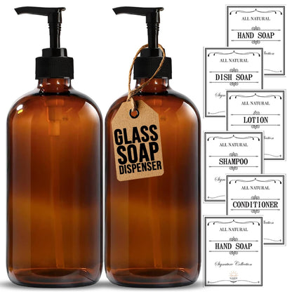 Amber Glass Soap Dispenser Set with Black Pump (2 Pack)