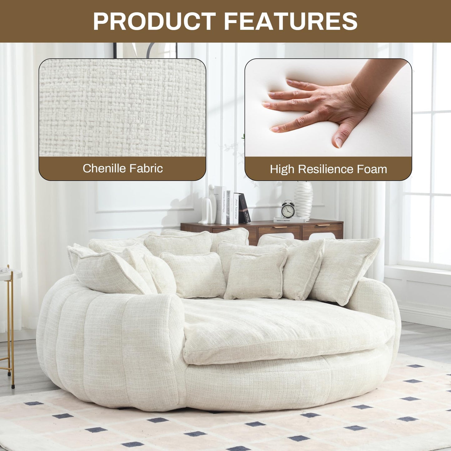 Wrofly 81.1" W Oversized Round Chaise Lounge, Fluffy Lazy Bean Bag Sofa with 14 Pillows, Comfy Chenille Upholstered Barrel Sleeper Bed, Modern Deep Seat Cloud Couch for Living Room, Beige