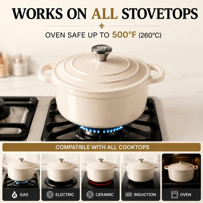 AHJ Enameled Cast Iron Dutch Oven Set - 4 Piece Stackable Nesting Cookware Set with Lids, 4.8Qt, 2.6Qt and 1.3Qt Dutch Ovens, Space-Saving Cast Iron Pots and Pans Sets for Sourdough Bread Baking, Slow Cooking, Braising, Roasting and Stews, Cream White