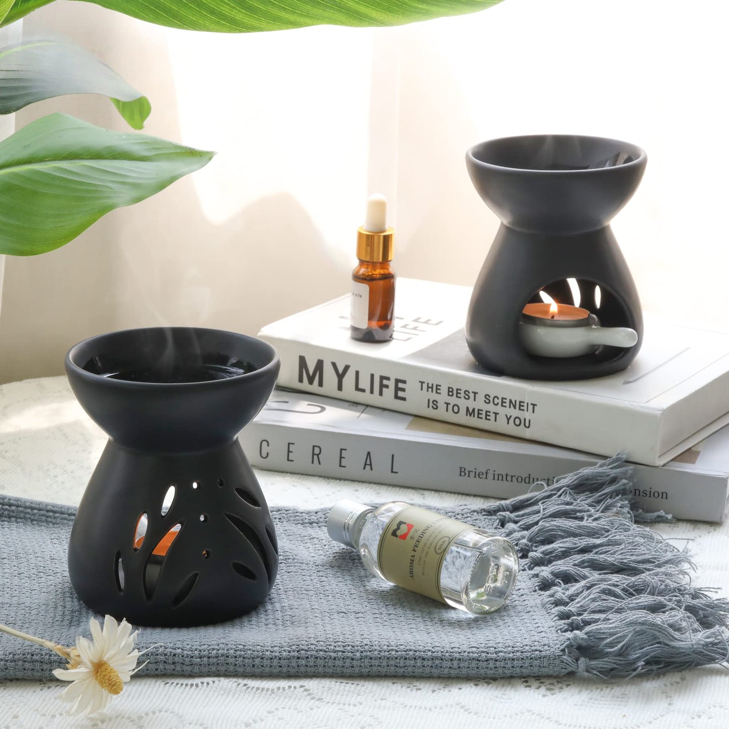 ComSaf Ceramic Wax Melt Warmer & Essential Oil Burner, Black (2 Pack)
