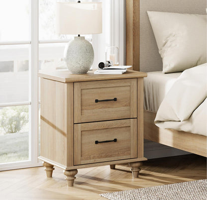 Farmhouse Oak Nightstand with Charging Station & 2 Drawers