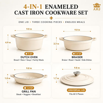 AHJ Enameled Cast Iron Dutch Oven Set - 4 Piece Stackable Nesting Cookware Set with Lids, 4.8Qt, 2.6Qt and 1.3Qt Dutch Ovens, Space-Saving Cast Iron Pots and Pans Sets for Sourdough Bread Baking, Slow Cooking, Braising, Roasting and Stews, Cream White