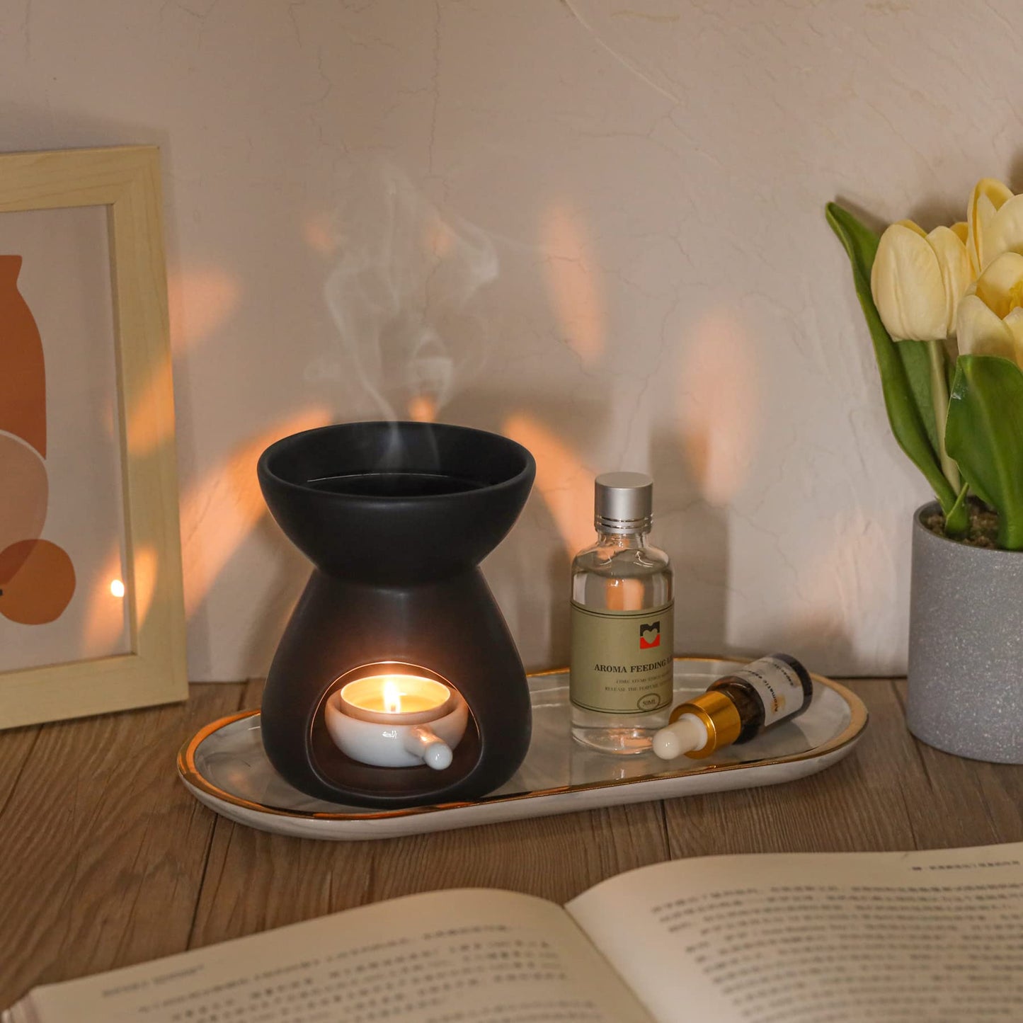 ComSaf Ceramic Wax Melt Warmer & Essential Oil Burner, Black (2 Pack)