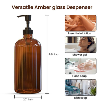 Amber Glass Soap Dispenser Set with Black Pump (2 Pack)