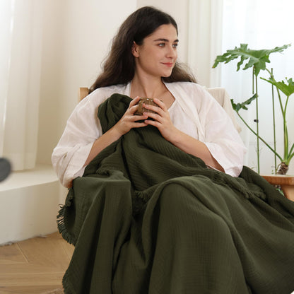100% Cotton Muslin Throw Blanket – Olive Green 4-Layer Gauze