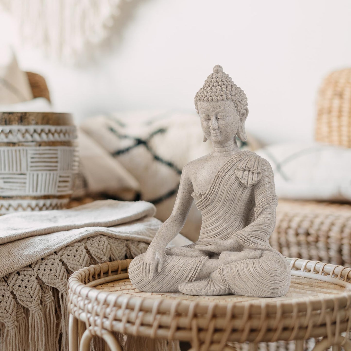 Large Meditating Buddha Statue – Beige White Zen Home Décor (10.2")