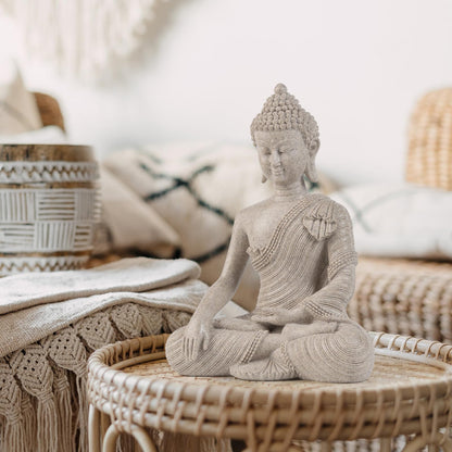 Large Meditating Buddha Statue – Beige White Zen Home Décor (10.2")