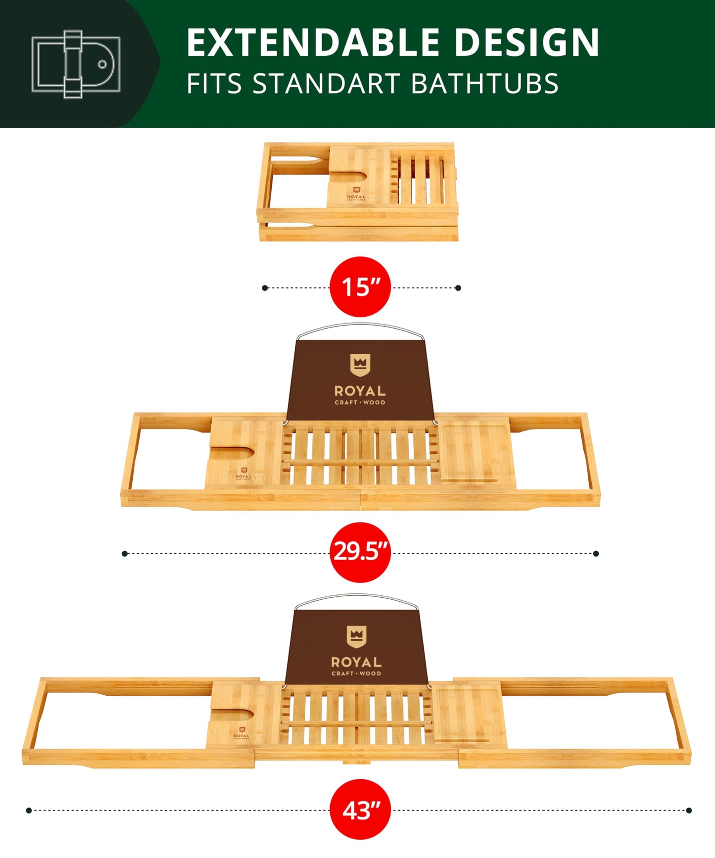 Luxury Bamboo Bathtub Caddy Tray – Expandable Spa Bath Tray with Book, Tablet & Wine Holder