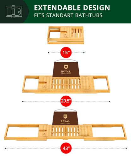 Luxury Bamboo Bathtub Caddy Tray – Expandable Spa Bath Tray with Book, Tablet & Wine Holder