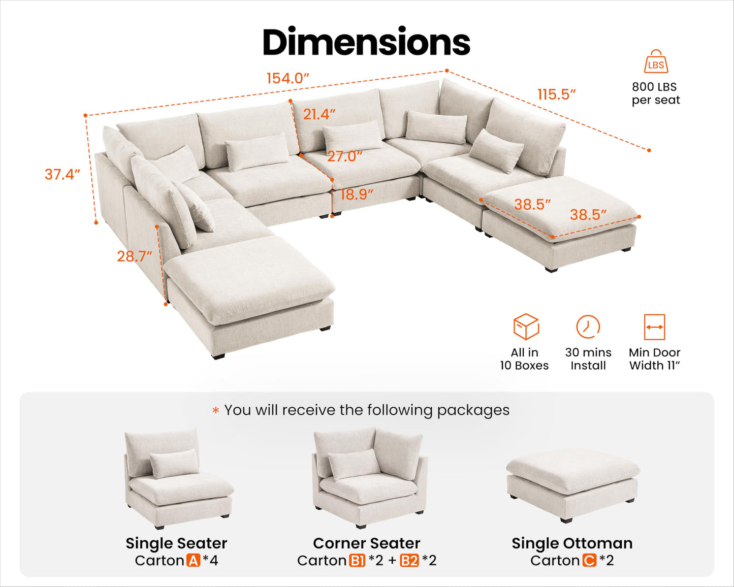 Oversized Modular Chenille Sectional Sofa with Washable Covers | 8 Seater