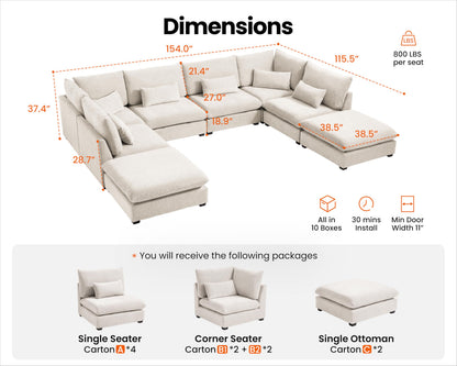 Oversized Modular Chenille Sectional Sofa with Washable Covers | 8 Seater