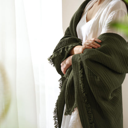 100% Cotton Muslin Throw Blanket – Olive Green 4-Layer Gauze