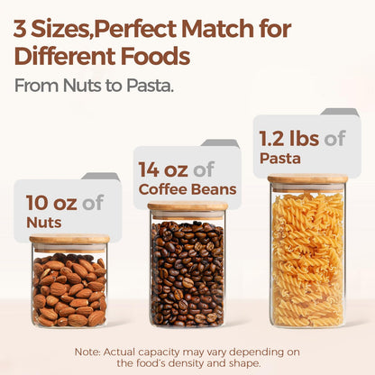 ComSaf Glass Pantry Storage Containers (0.7Qt/1.2Qt/1.6Qt) Set of 6, Glass Storage Containers with Lids, Kitchen Food Storage Jar, Square Glass Jars for Flour Cereal Sugar Tea Coffee Beans Snacks