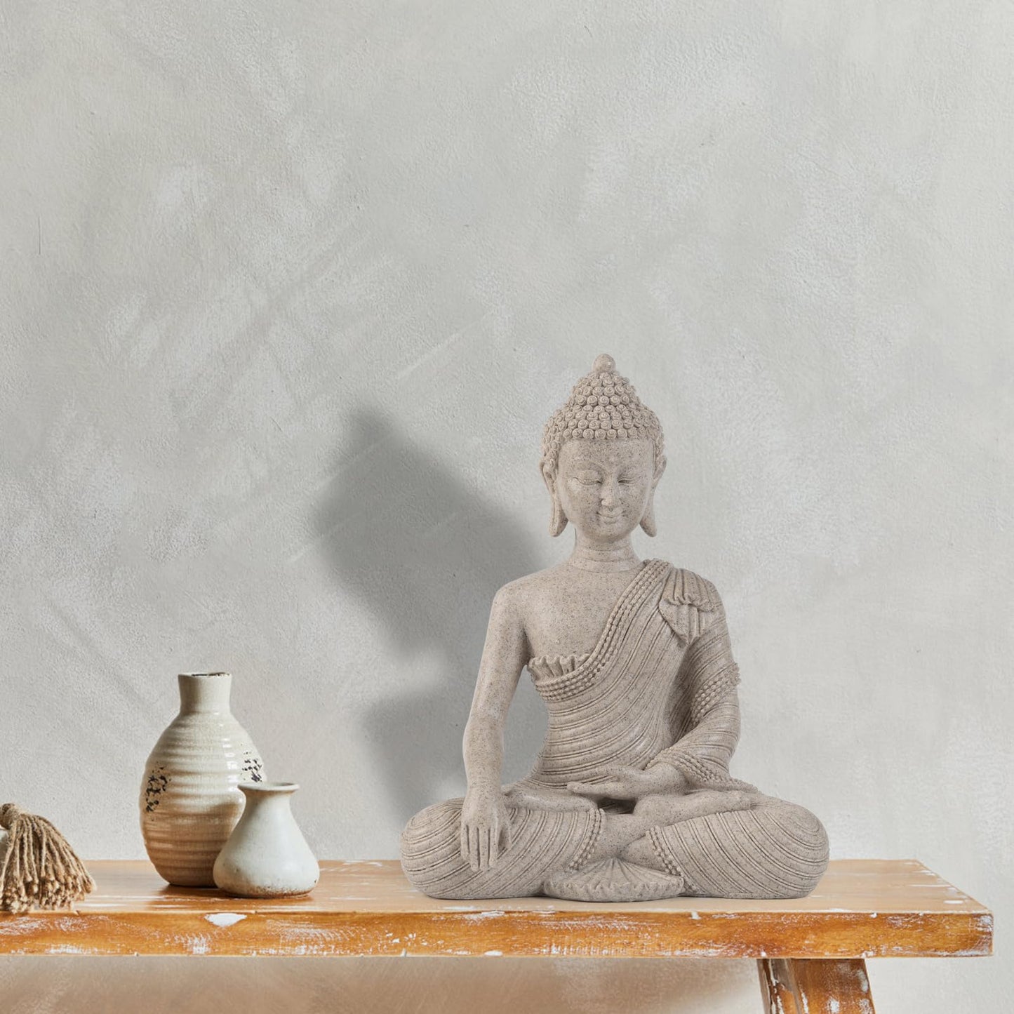 Large Meditating Buddha Statue – Beige White Zen Home Décor (10.2")