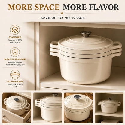 AHJ Enameled Cast Iron Dutch Oven Set - 4 Piece Stackable Nesting Cookware Set with Lids, 4.8Qt, 2.6Qt and 1.3Qt Dutch Ovens, Space-Saving Cast Iron Pots and Pans Sets for Sourdough Bread Baking, Slow Cooking, Braising, Roasting and Stews, Cream White