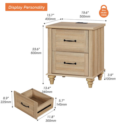 Farmhouse Oak Nightstand with Charging Station & 2 Drawers