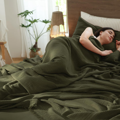 100% Cotton Muslin Throw Blanket – Olive Green 4-Layer Gauze