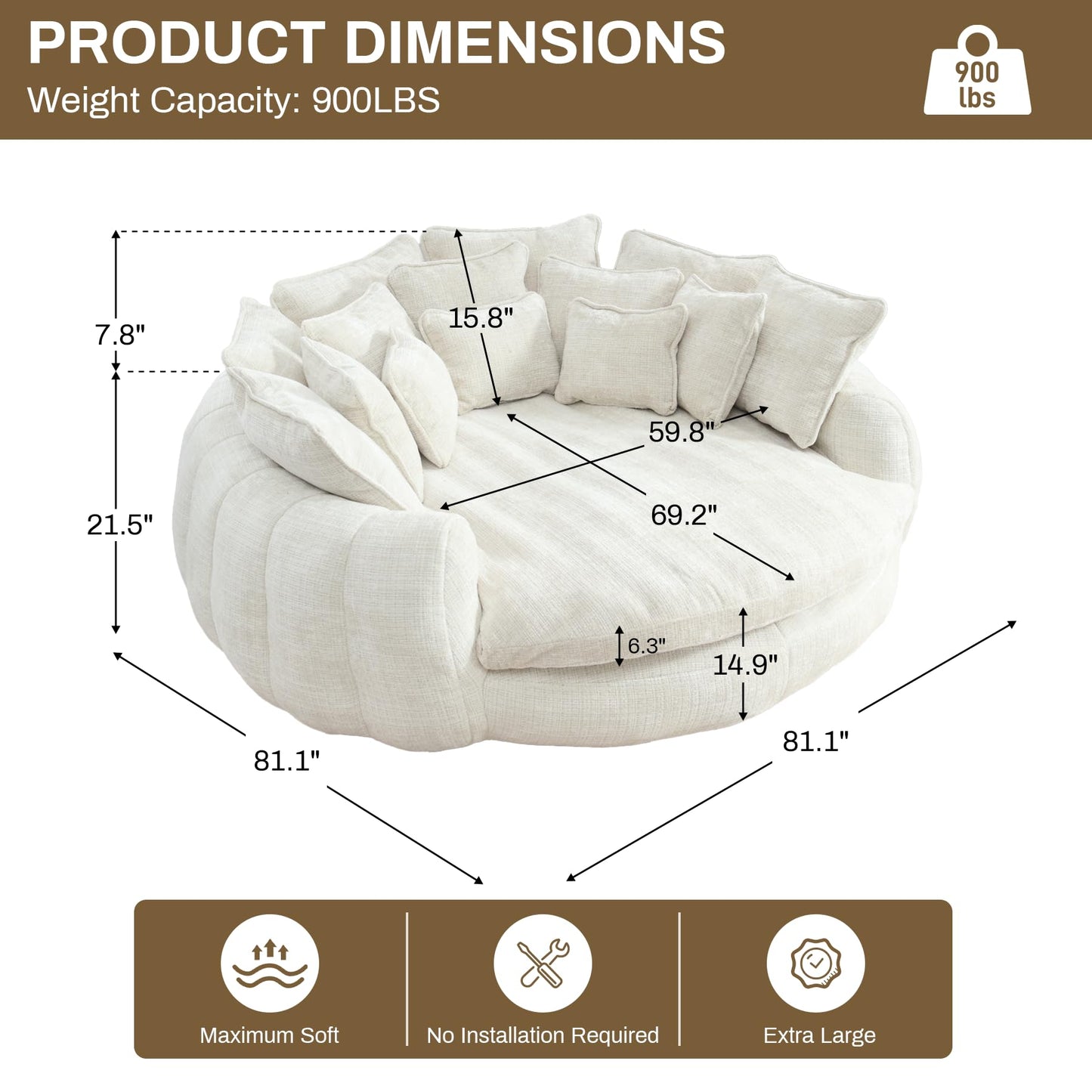 Wrofly 81.1" W Oversized Round Chaise Lounge, Fluffy Lazy Bean Bag Sofa with 14 Pillows, Comfy Chenille Upholstered Barrel Sleeper Bed, Modern Deep Seat Cloud Couch for Living Room, Beige