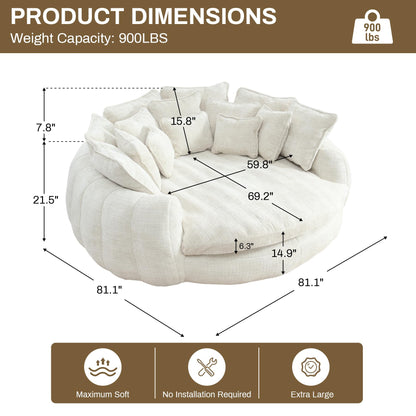 Wrofly 81.1" W Oversized Round Chaise Lounge, Fluffy Lazy Bean Bag Sofa with 14 Pillows, Comfy Chenille Upholstered Barrel Sleeper Bed, Modern Deep Seat Cloud Couch for Living Room, Beige