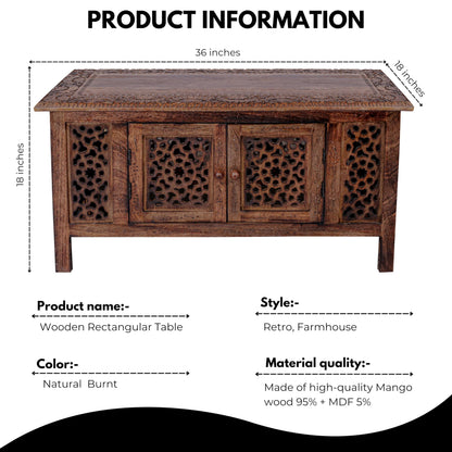 Hand-Carved Mango Wood Coffee Table with Storage