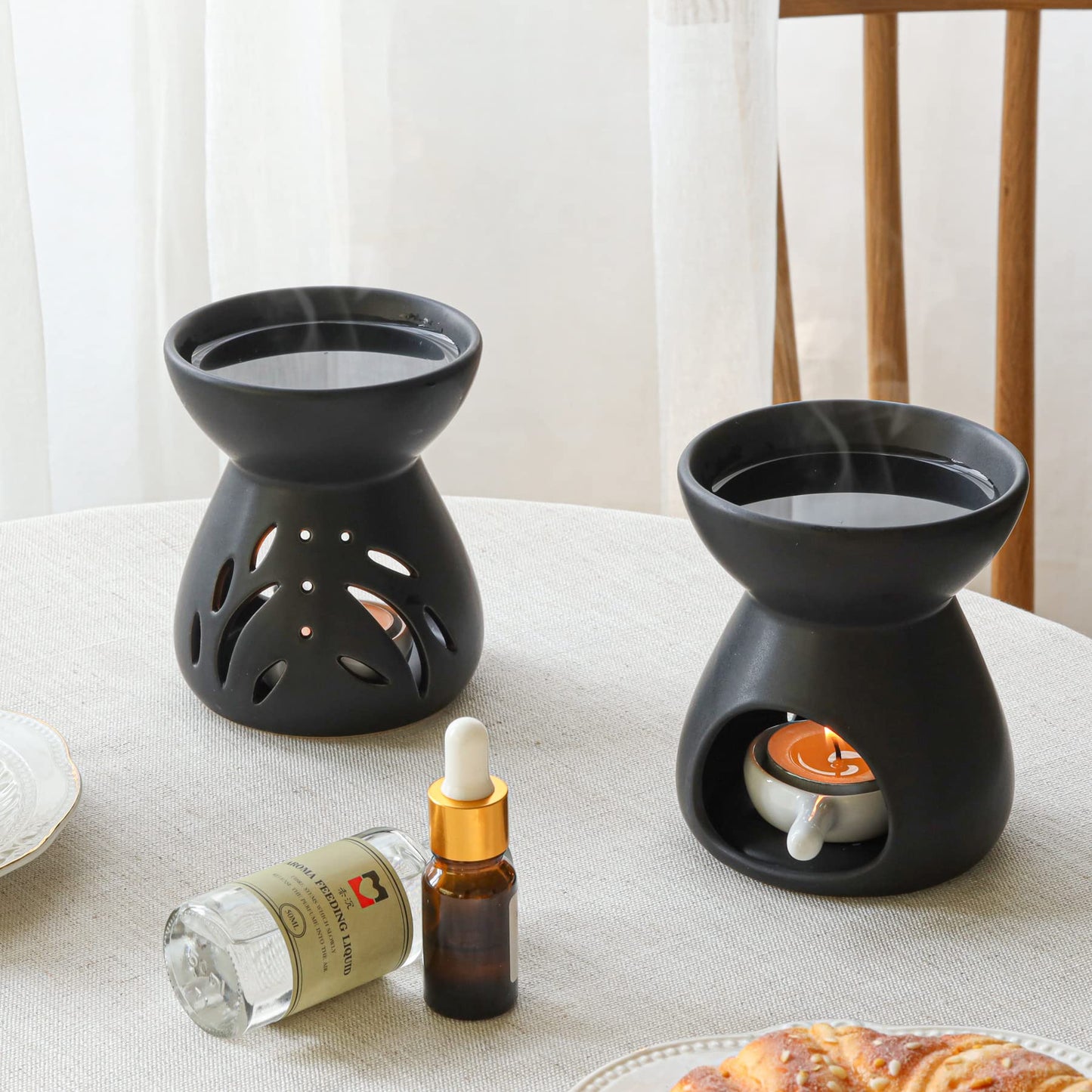 ComSaf Ceramic Wax Melt Warmer & Essential Oil Burner, Black (2 Pack)