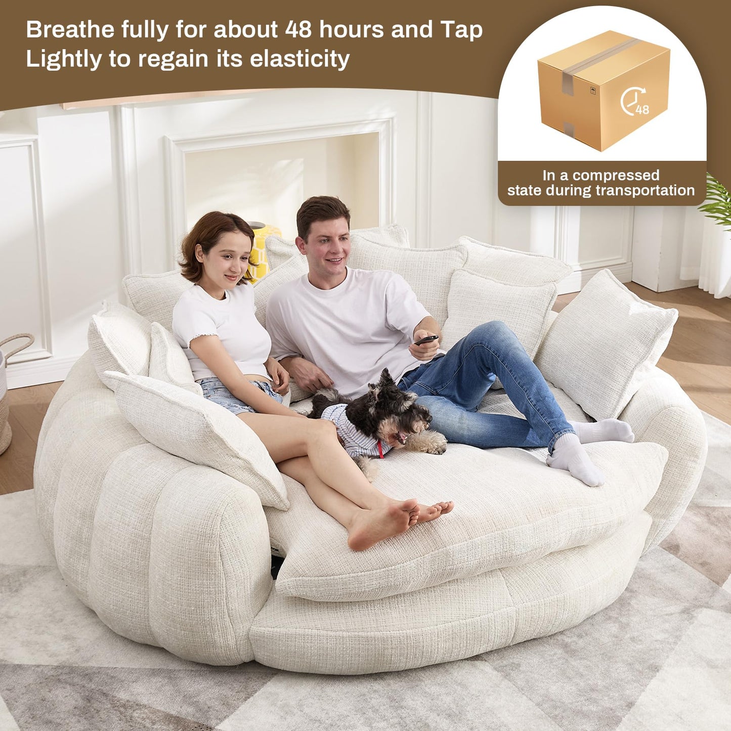 Wrofly 81.1" W Oversized Round Chaise Lounge, Fluffy Lazy Bean Bag Sofa with 14 Pillows, Comfy Chenille Upholstered Barrel Sleeper Bed, Modern Deep Seat Cloud Couch for Living Room, Beige