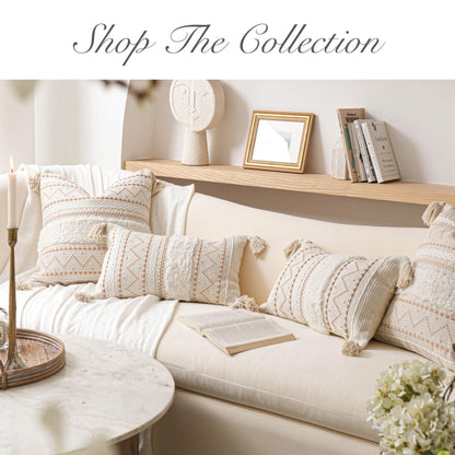 BlissBlush 14x36 Lumbar Pillow Cover for Bed, Rectangular Long Decorative Throw Pillowcase, Boho Accent Cushion with Tufted Pattern and Tassels, Cream Beige Neutral (Cover Only)