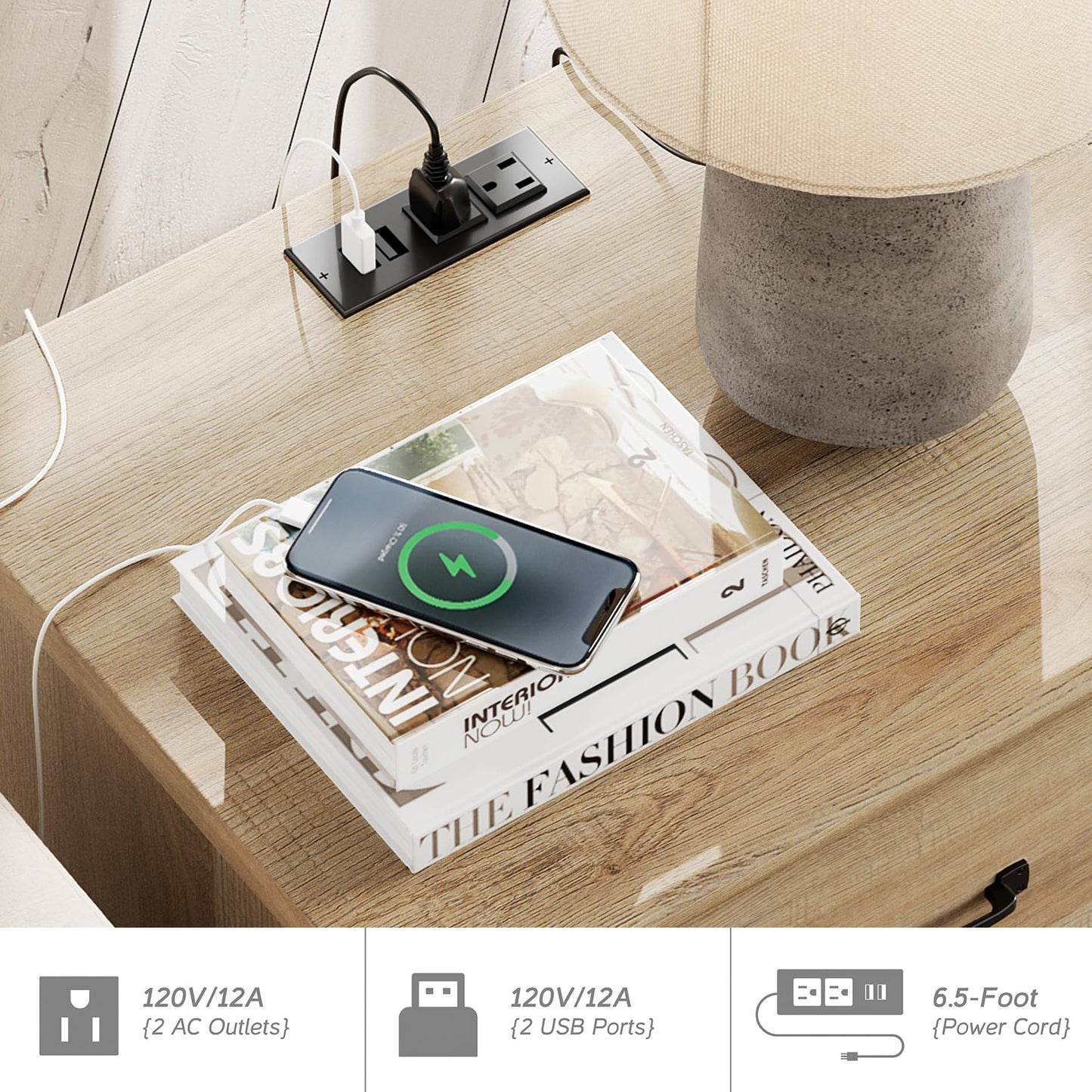 Farmhouse Oak Nightstand with Charging Station & 2 Drawers