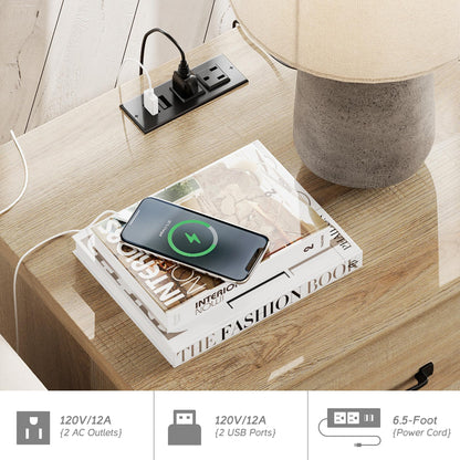 Farmhouse Oak Nightstand with Charging Station & 2 Drawers