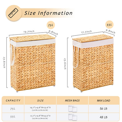Handwoven Slim Water Hyacinth Laundry Hamper with Lid