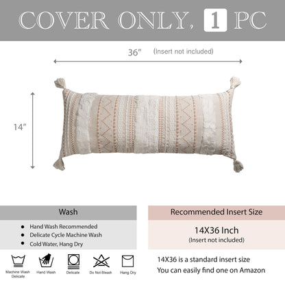 BlissBlush 14x36 Lumbar Pillow Cover for Bed, Rectangular Long Decorative Throw Pillowcase, Boho Accent Cushion with Tufted Pattern and Tassels, Cream Beige Neutral (Cover Only)
